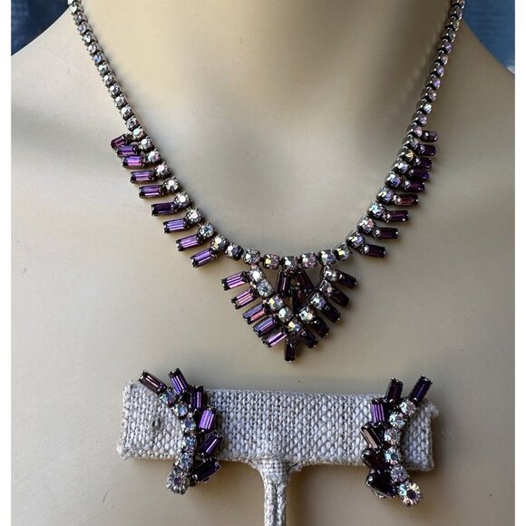 VTG 1950s Choker Necklace 15" Aurora Purple Crystal Rhinestone Earrings 1" - Picture 2 of 12